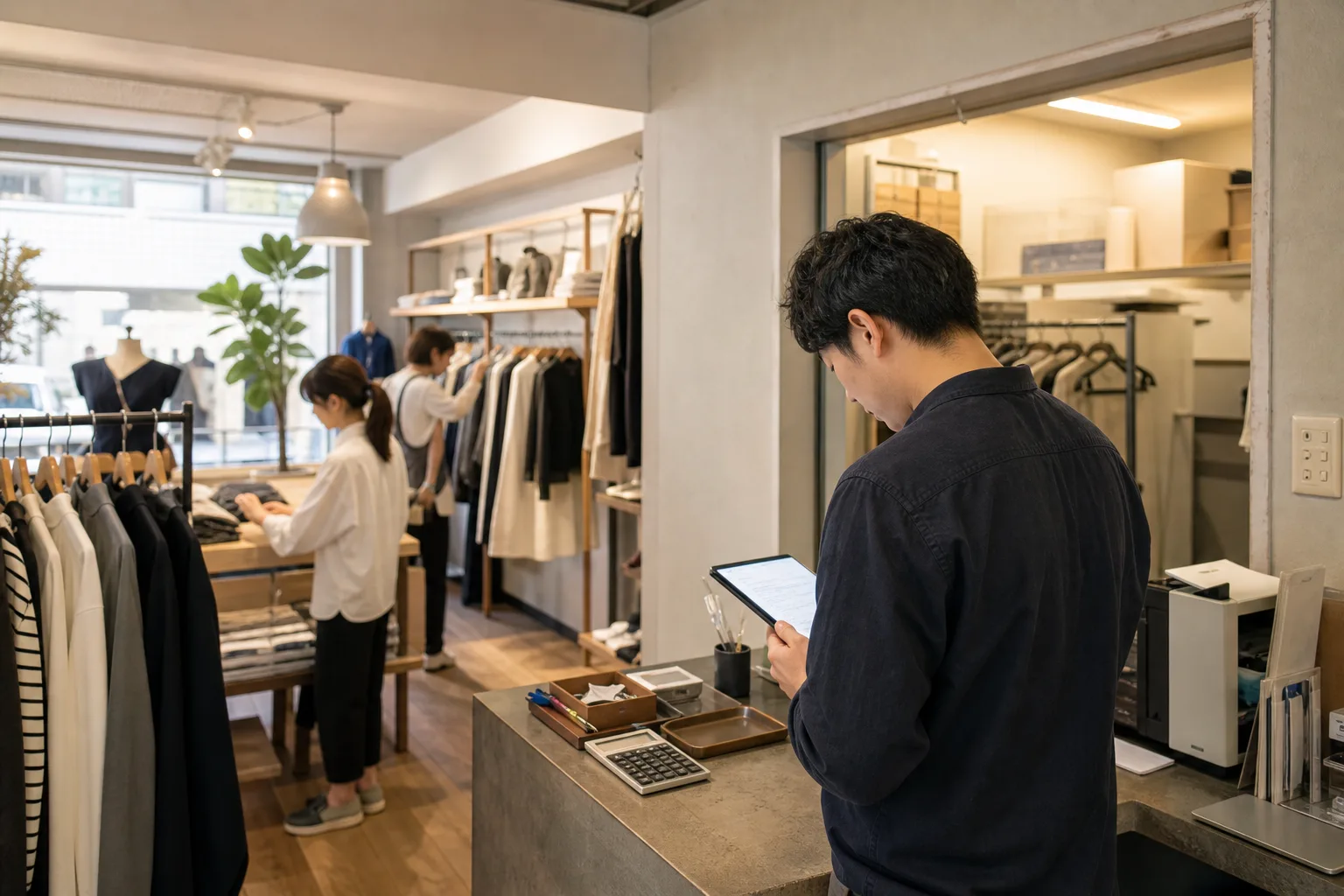 アパレル店舗で店長が日々のシフト運用を確認している様子