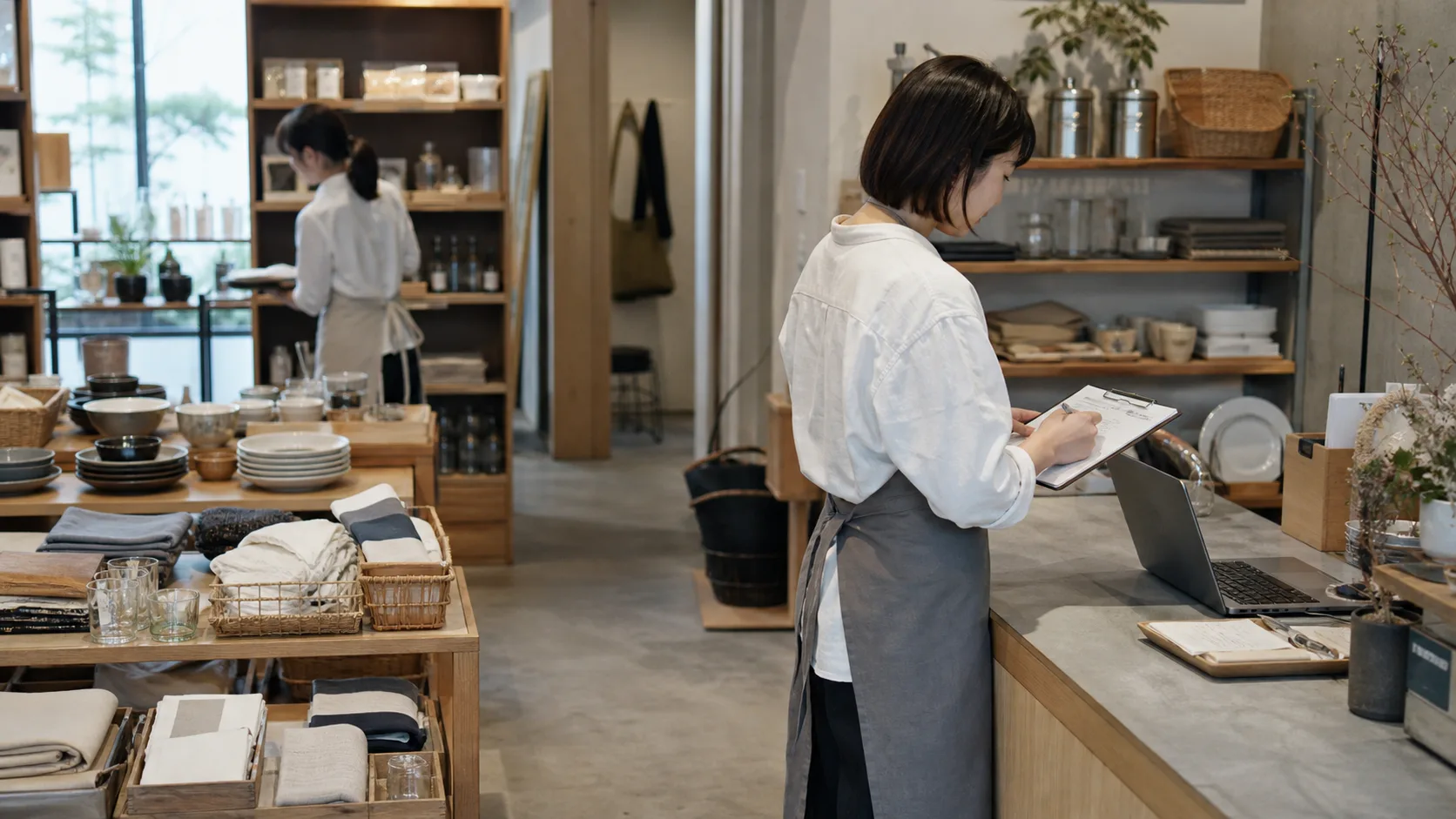 雑貨店で店長が少人数運営のシフトを確認している様子