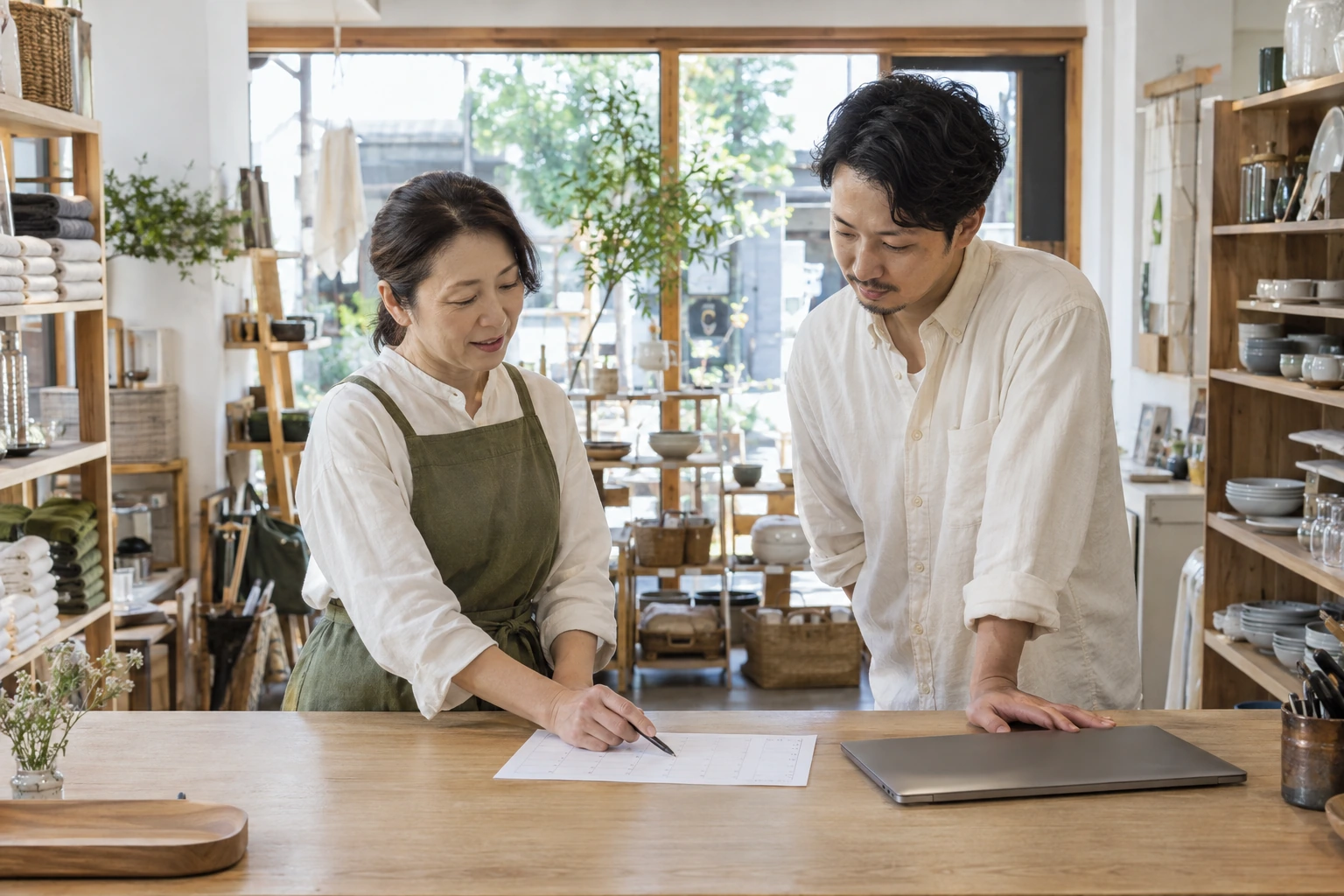 雑貨店で店長が少人数運営のシフトを確認している様子