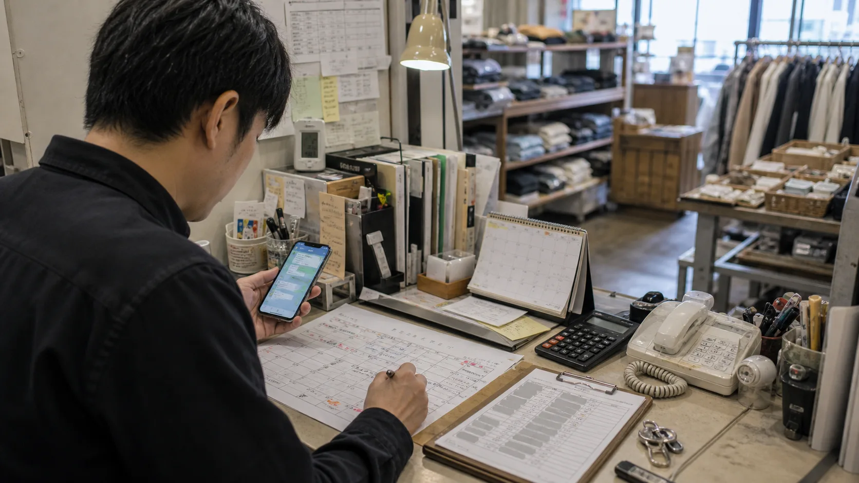 小売店の店長が店頭横の作業場でシフトメモとスタッフ連絡を確認している様子