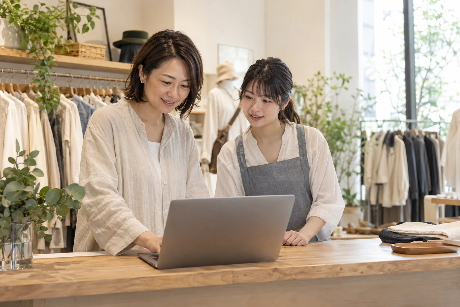 アパレル店で予定を確認する店長とスタッフのイメージ