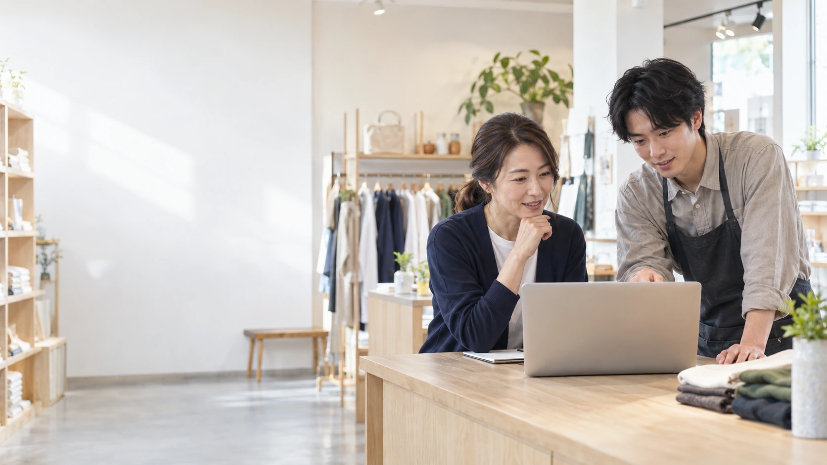 店長とスタッフが予定を確認する店舗のイメージ